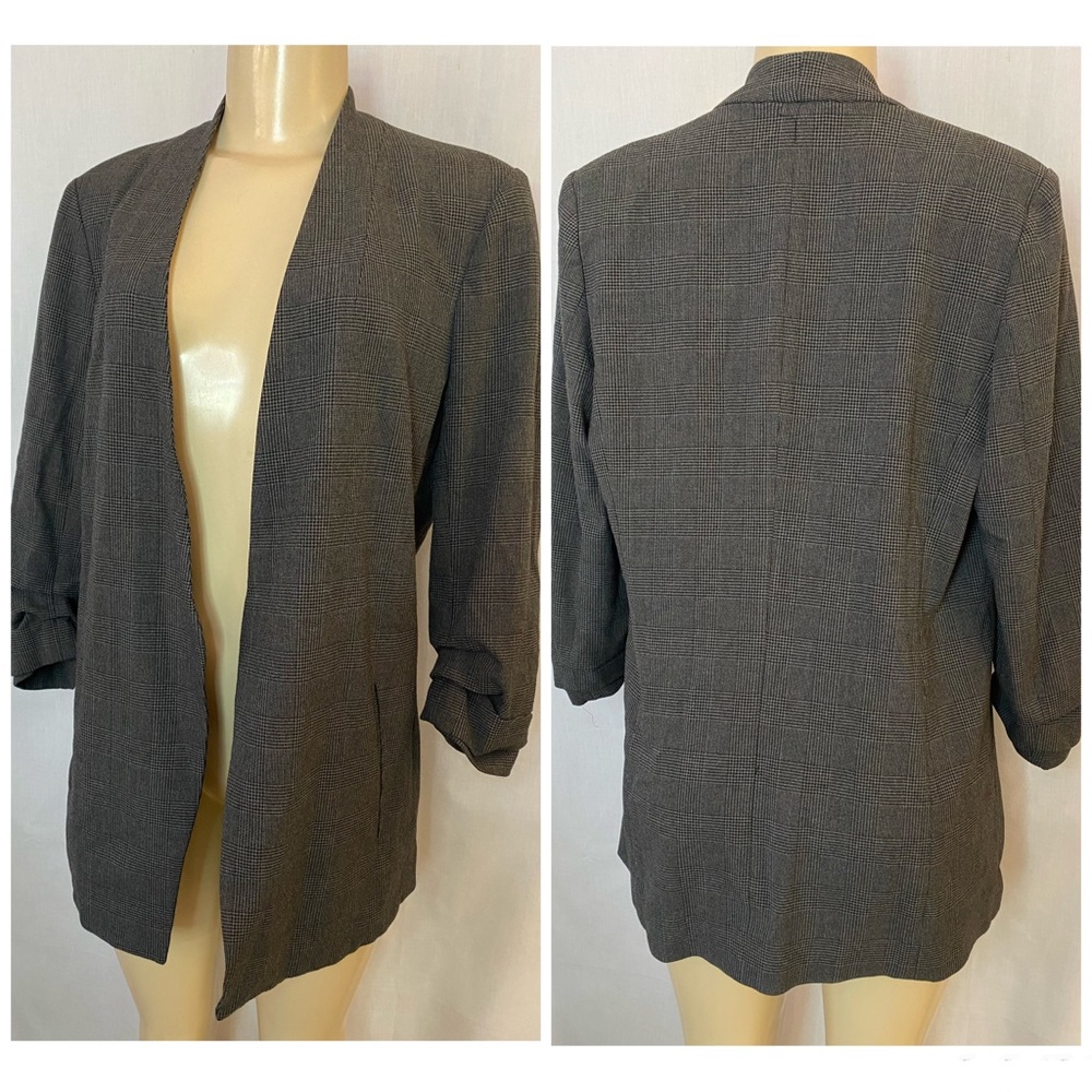 Babaton Aritzia Power Blazer Women Sz 12 Gray Glen Plaid Ruched Arms Open Jacket